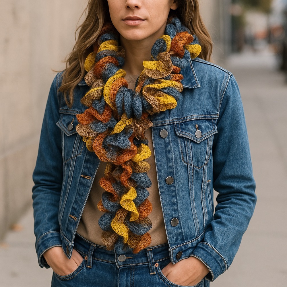 Handmade Ruffle Mesh Scarf – Autumn Brown Yellow Blue Orange Lightweight Boho